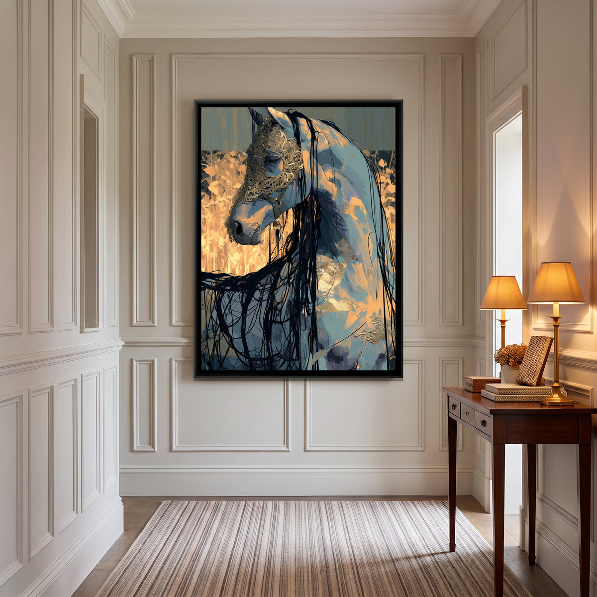 Horse in Gold Mask — canvas art shown in a second room setting