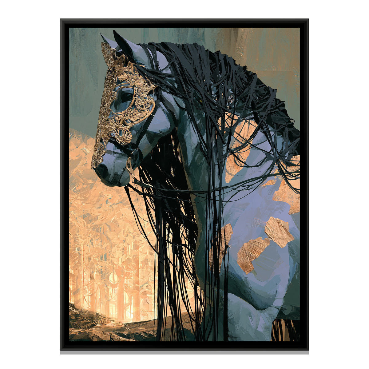 Horse in Gold Mask — framed canvas print, front view