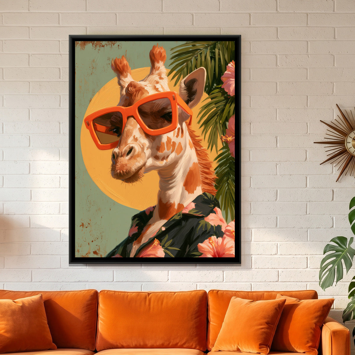 Giraffe in Sunglasses — framed canvas art hung on a wall