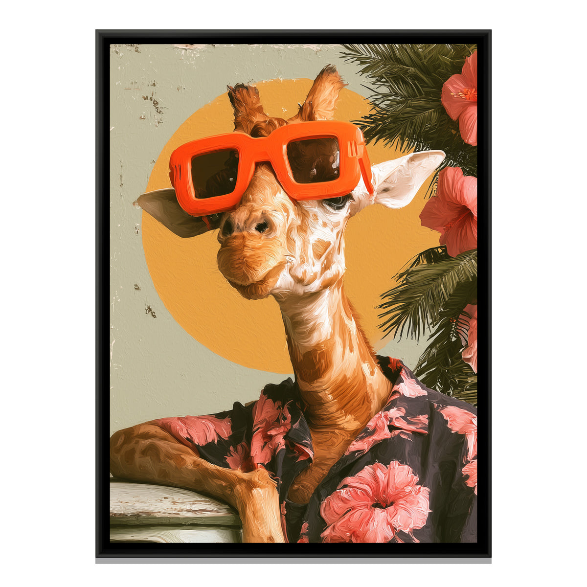 Giraffe in Sunglasses — framed canvas print, front view