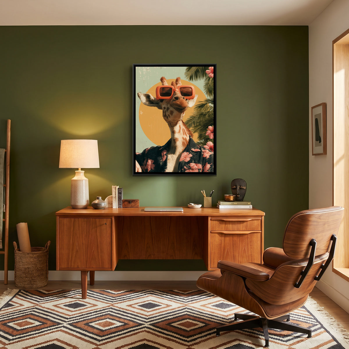 Giraffe in Sunglasses — canvas art shown in a styled room