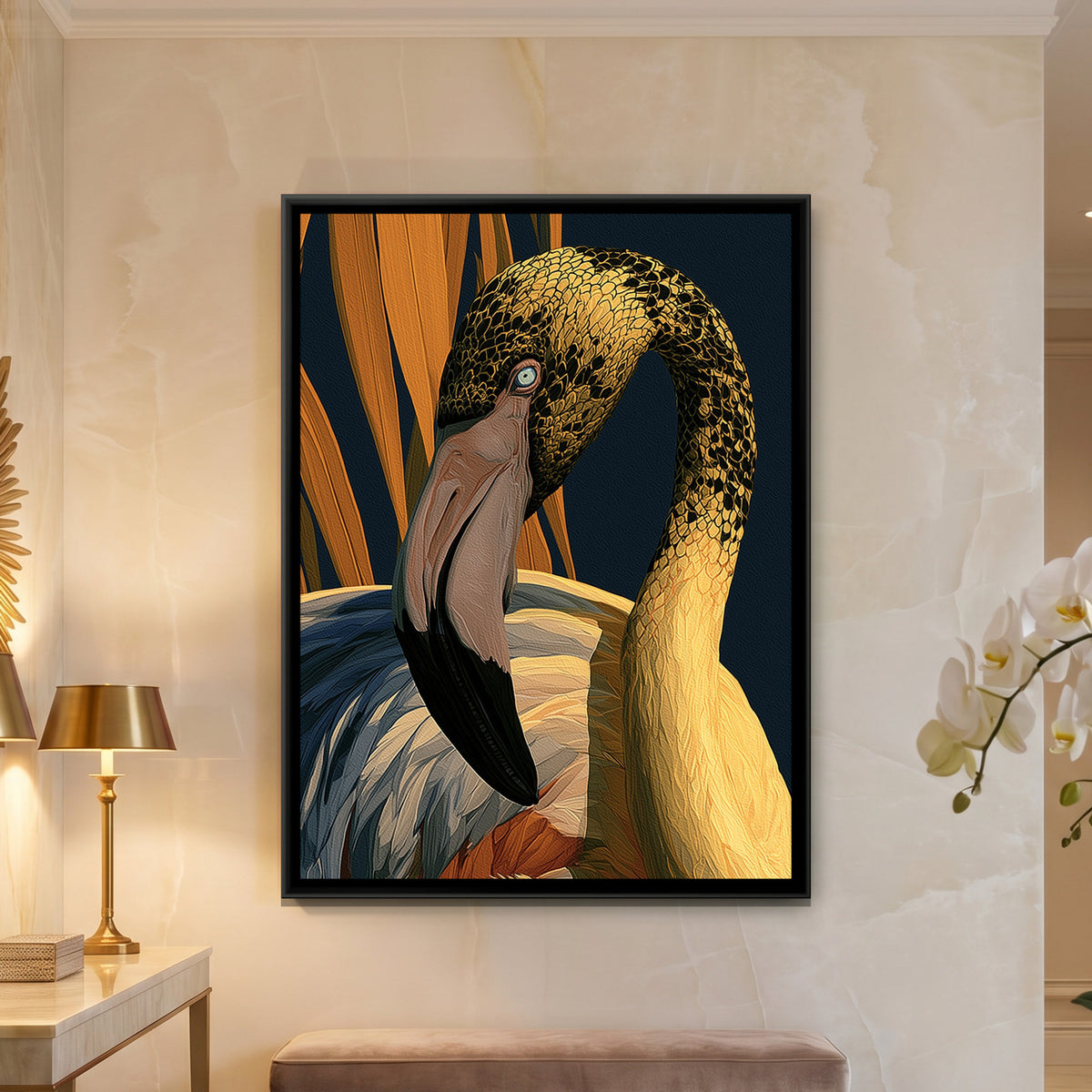 Flamingo — framed canvas art hung on a wall