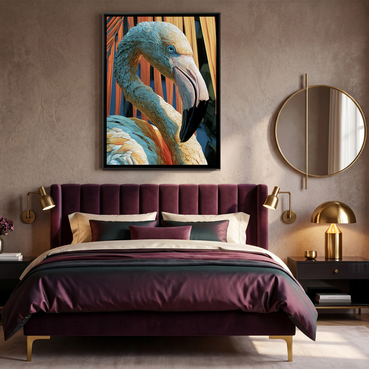Flamingo — canvas art shown in a second room setting