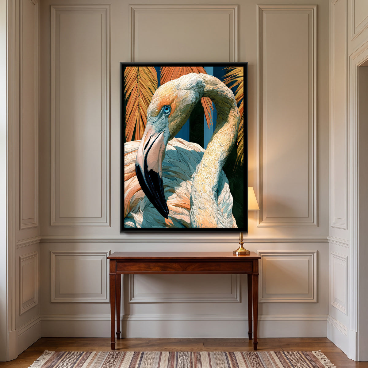 Flamingo — canvas art shown in a second room setting