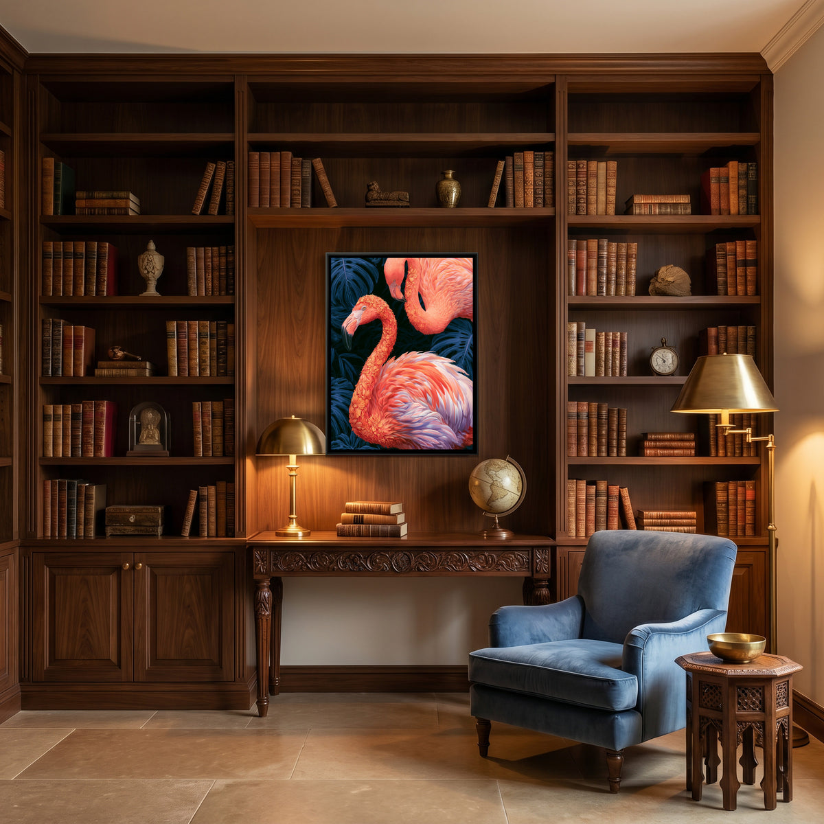 Flamingo Pair — canvas art shown in a styled room