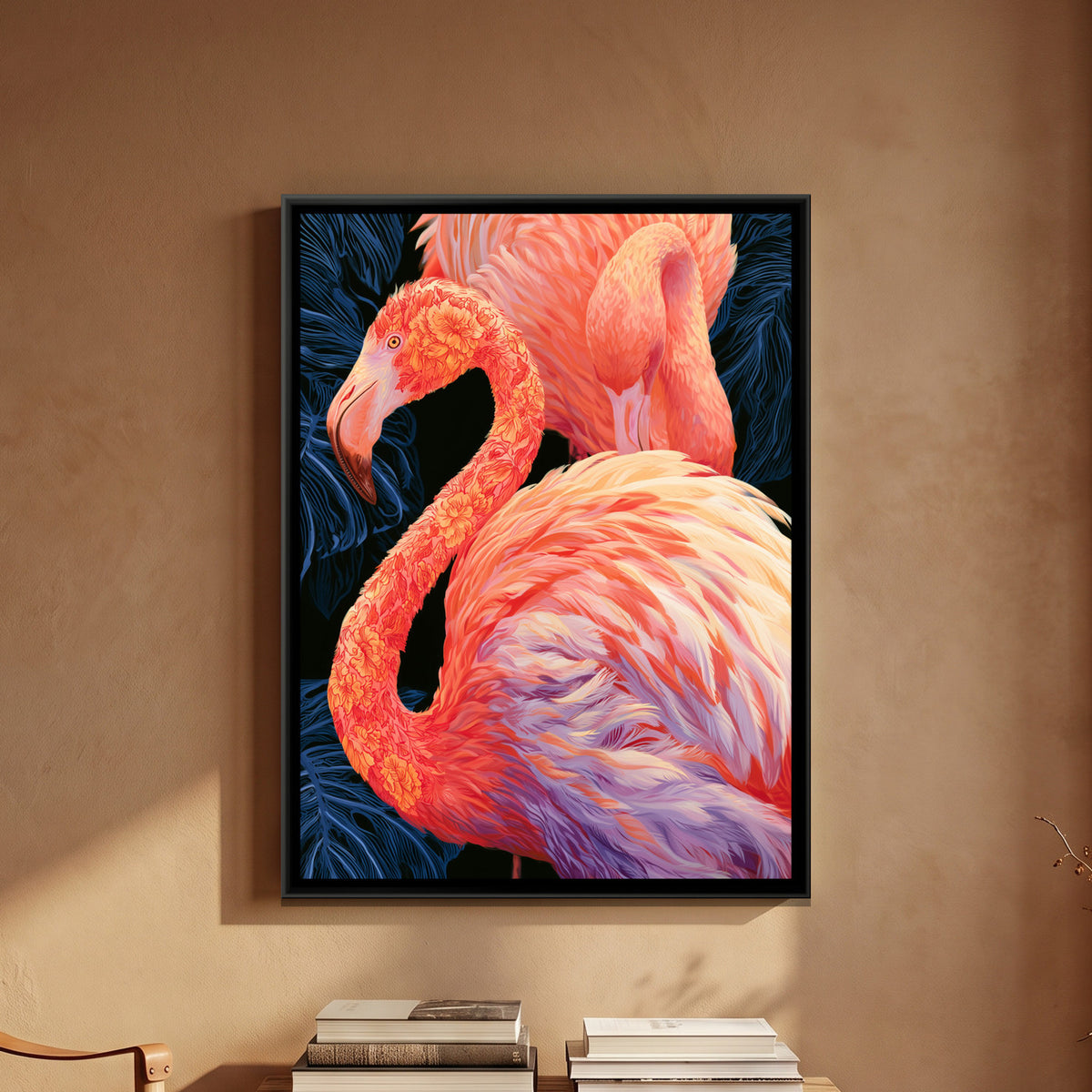 Flamingo Pair — framed canvas art hung on a wall