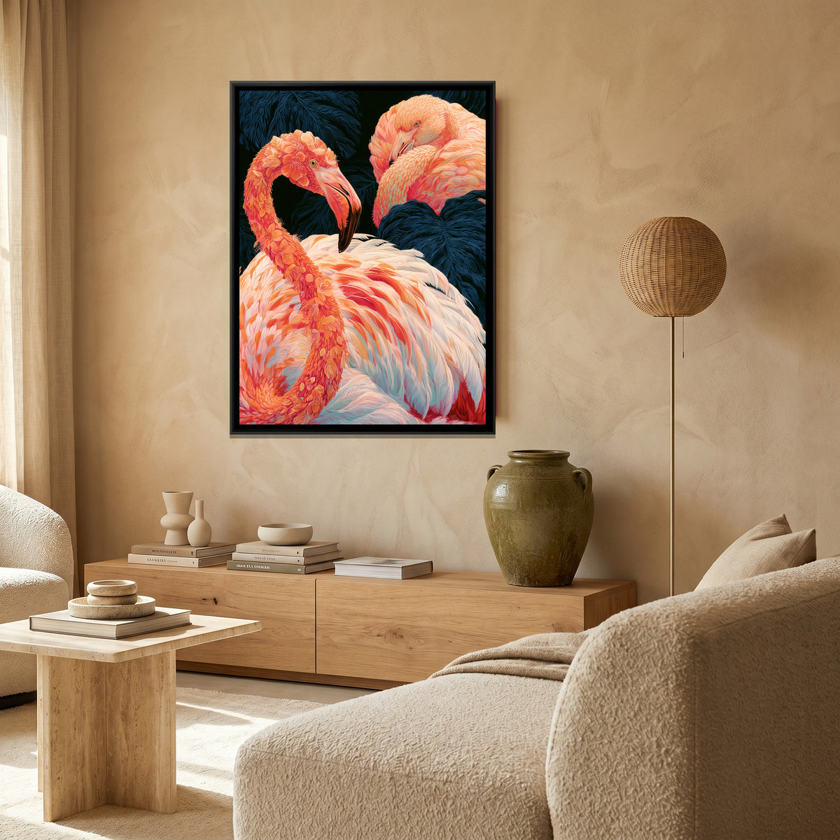 Flamingo Pair — canvas art shown in a styled room