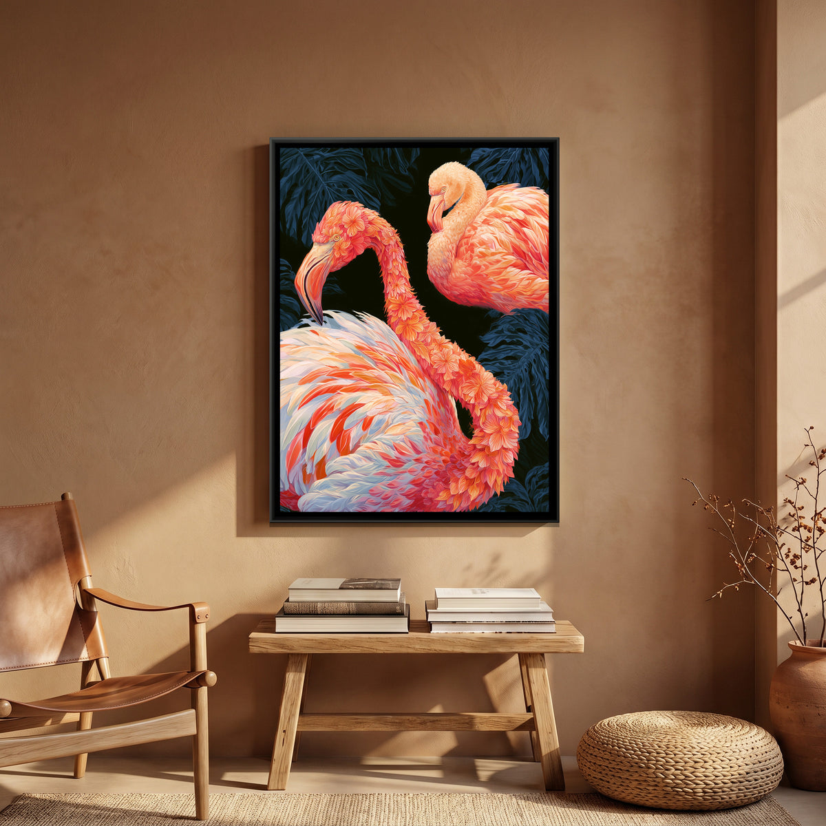 Flamingo Pair — canvas art shown in a styled room