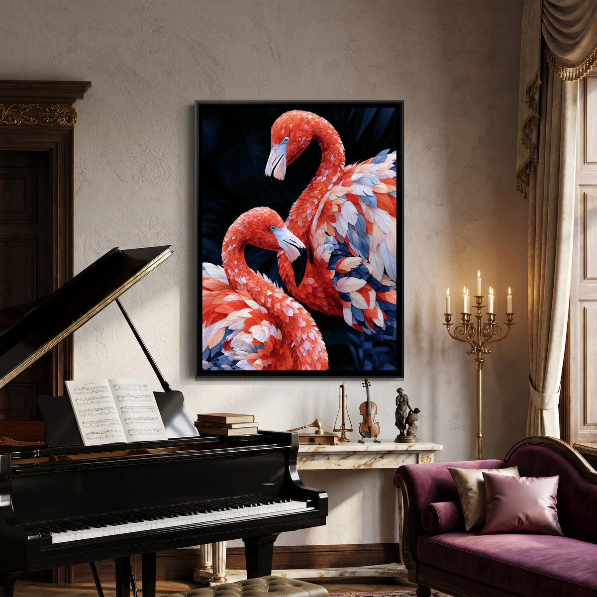 Flamingo Pair — canvas art shown in a styled room