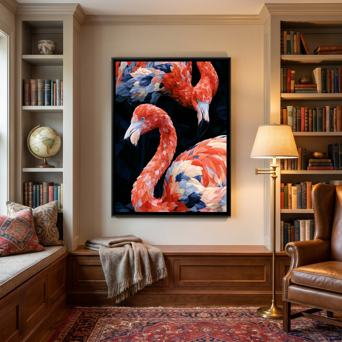 Flamingo Pair — canvas art shown in a second room setting