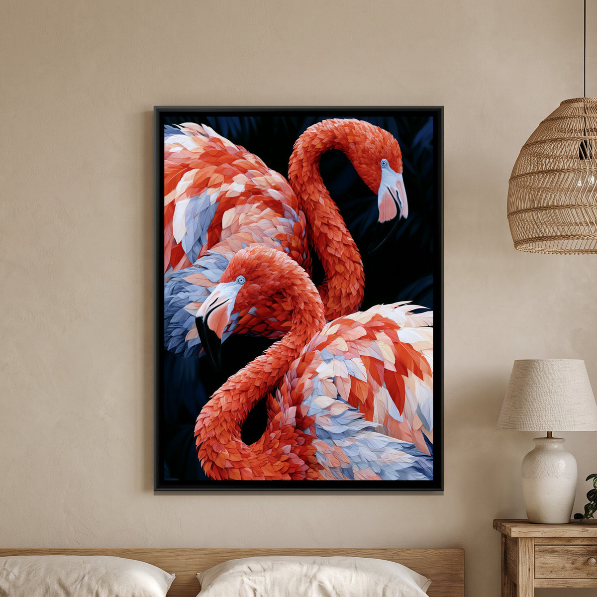 Flamingo Pair — framed canvas art hung on a wall