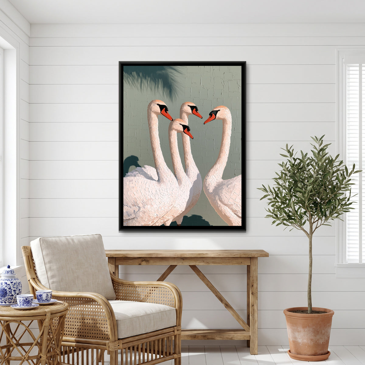 White Swans — canvas art shown in a styled room