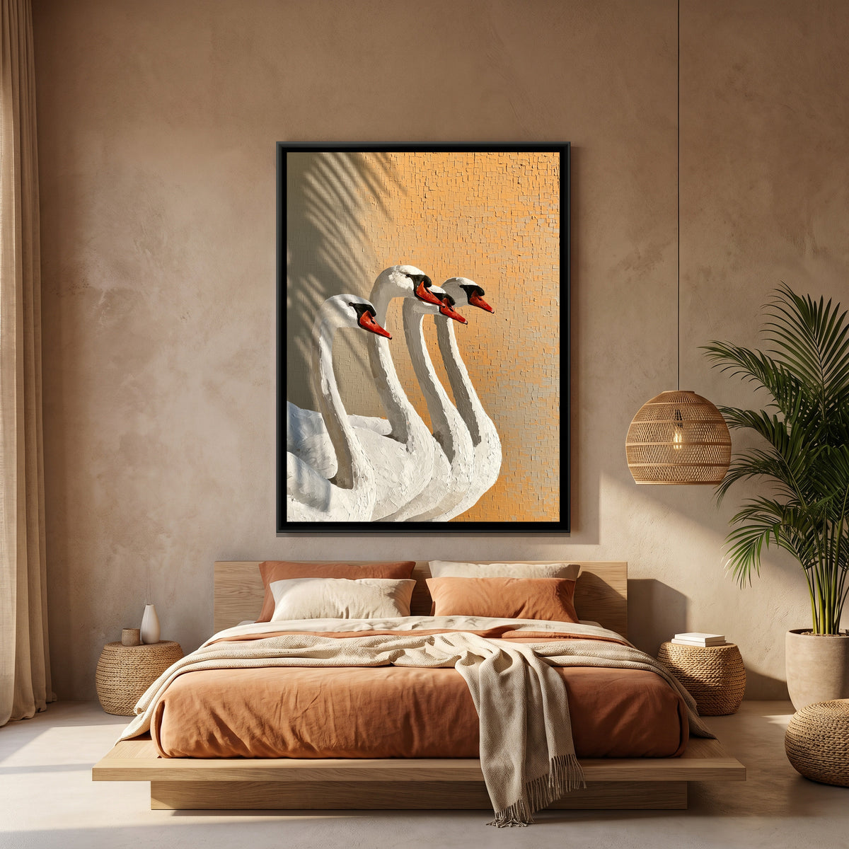 White Swans — canvas art shown in a second room setting