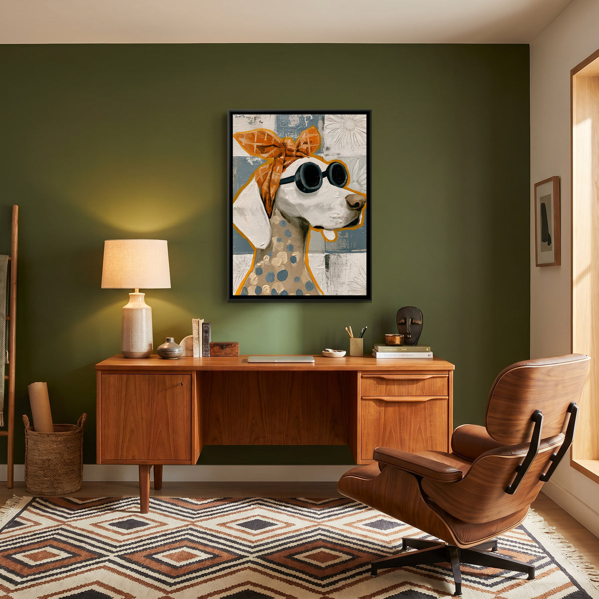 Dog in Sunglasses — canvas art shown in a second room setting