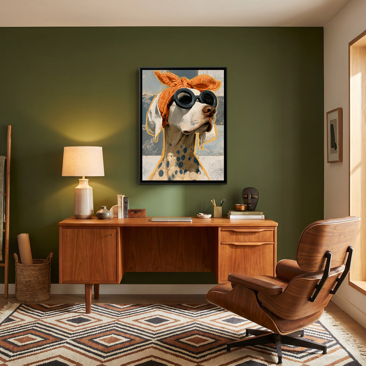 Dog in Sunglasses — canvas art shown in a second room setting