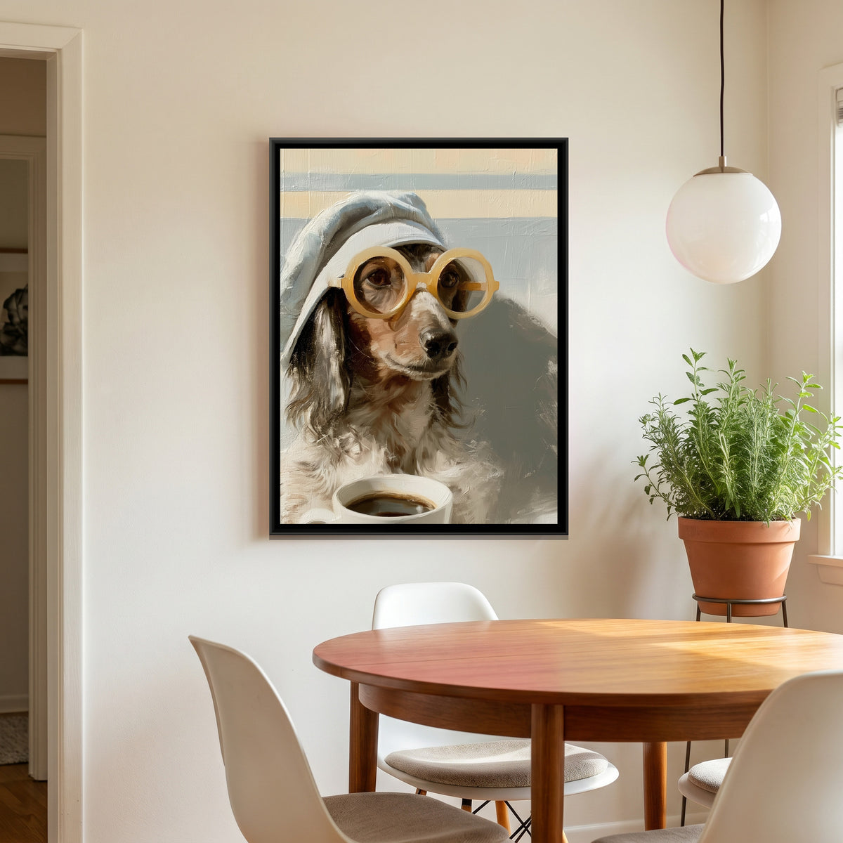 Dachshund with Coffee — canvas art shown in a styled room