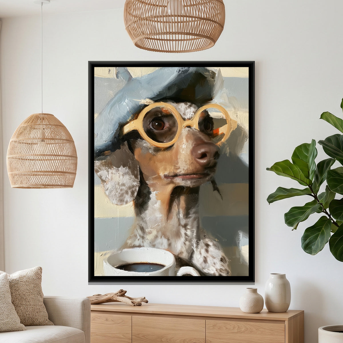 Dachshund with Coffee — framed canvas art hung on a wall
