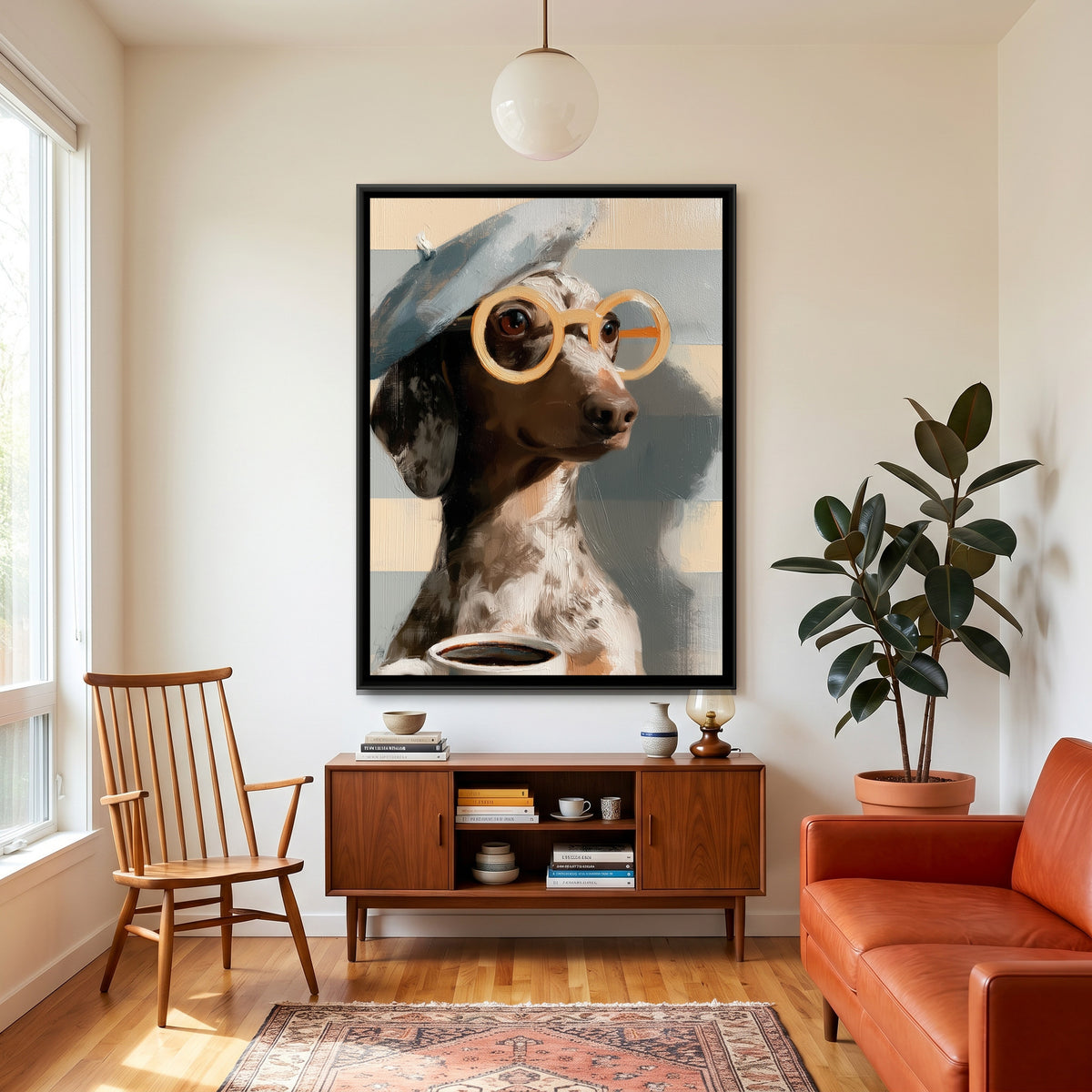 Dachshund with Coffee — canvas art shown in a styled room