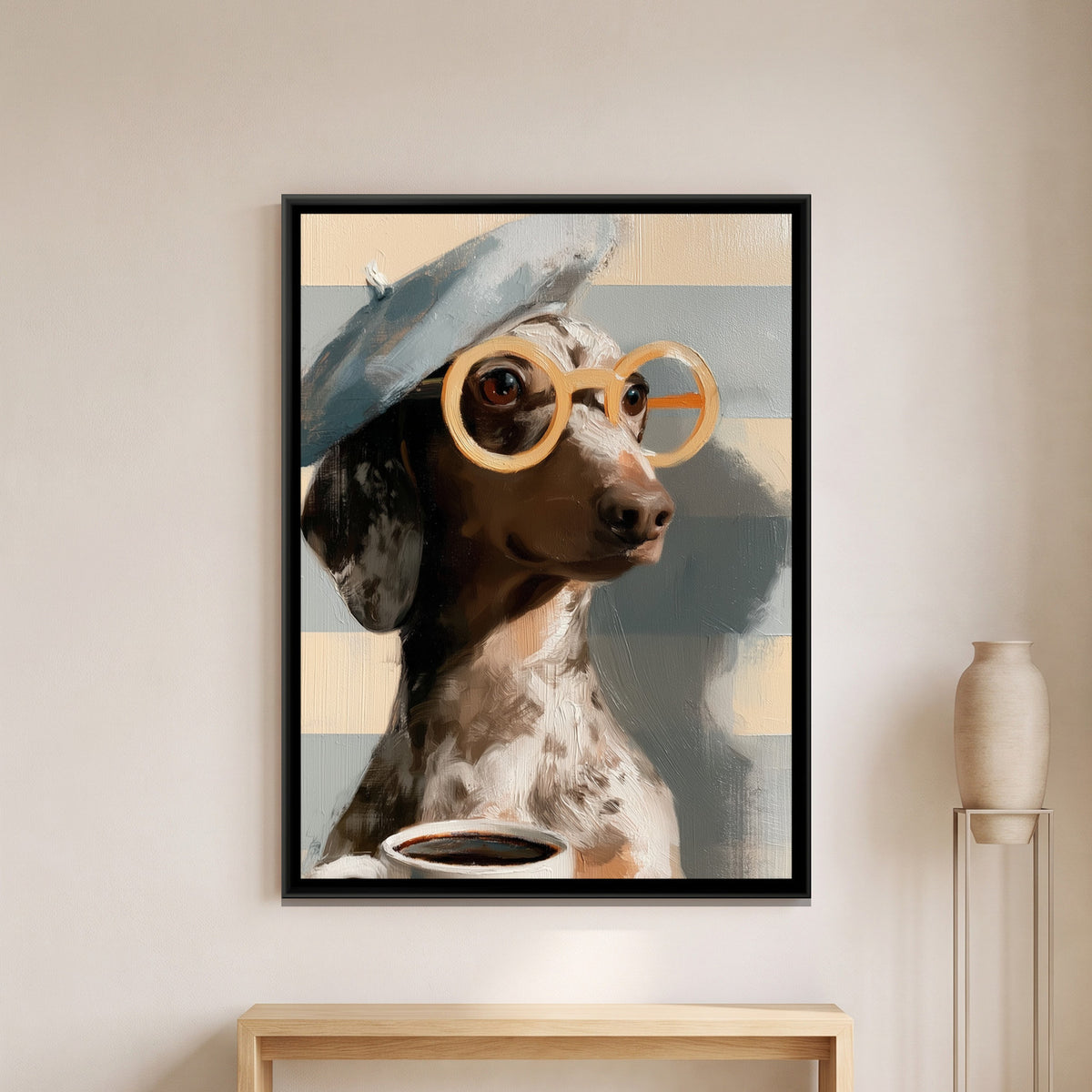 Dachshund with Coffee — framed canvas art hung on a wall