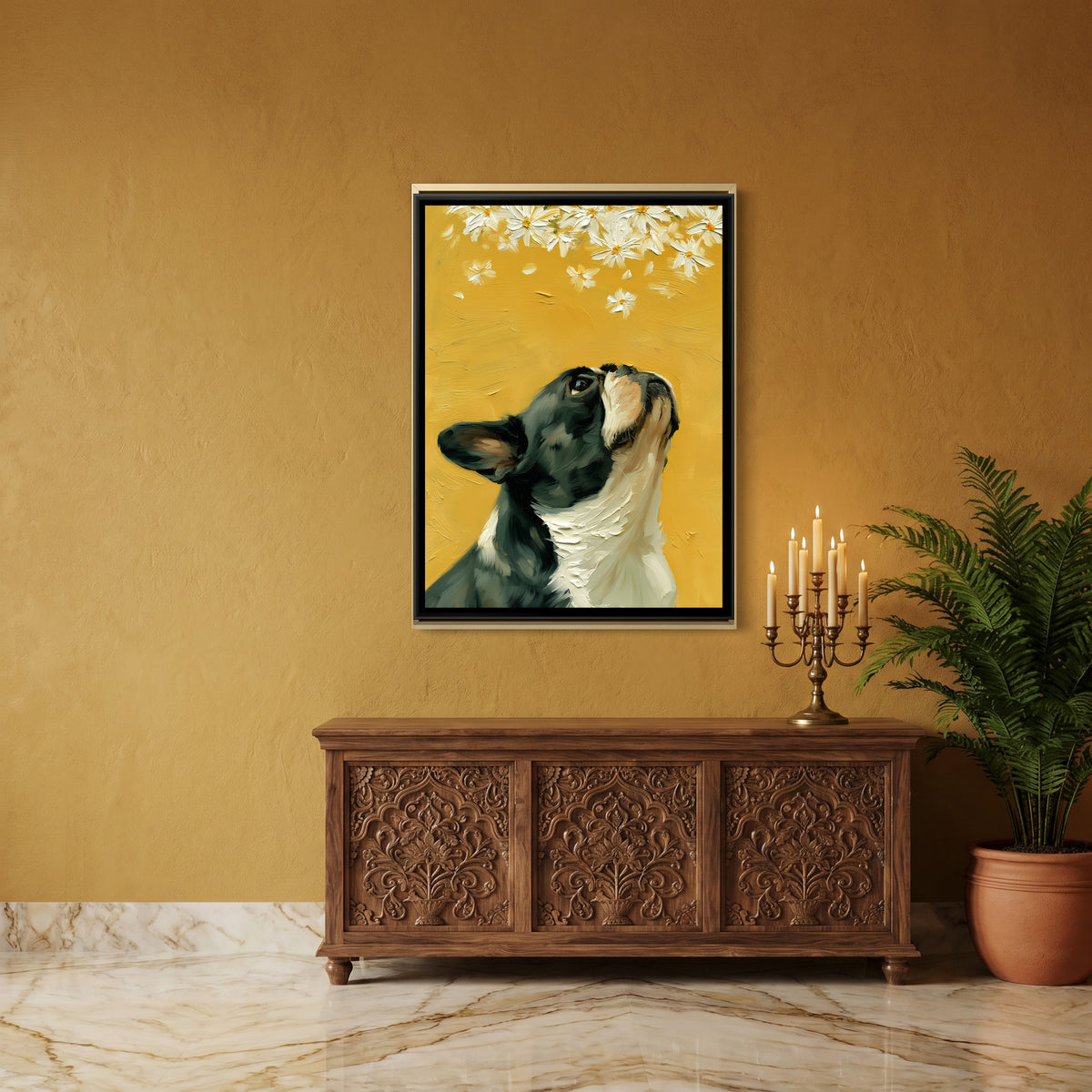 French Bulldog and Daisies — canvas art shown in a second room setting