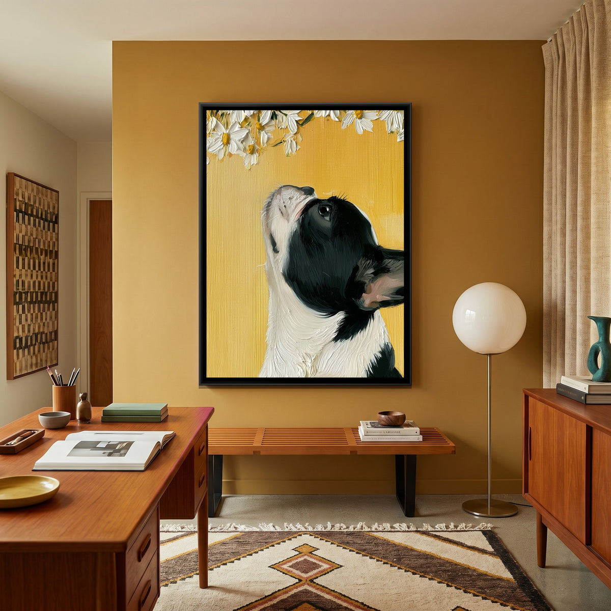 French Bulldog and Daisies — canvas art shown in a second room setting