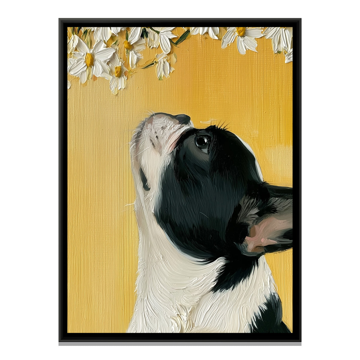 French Bulldog and Daisies — framed canvas print, front view