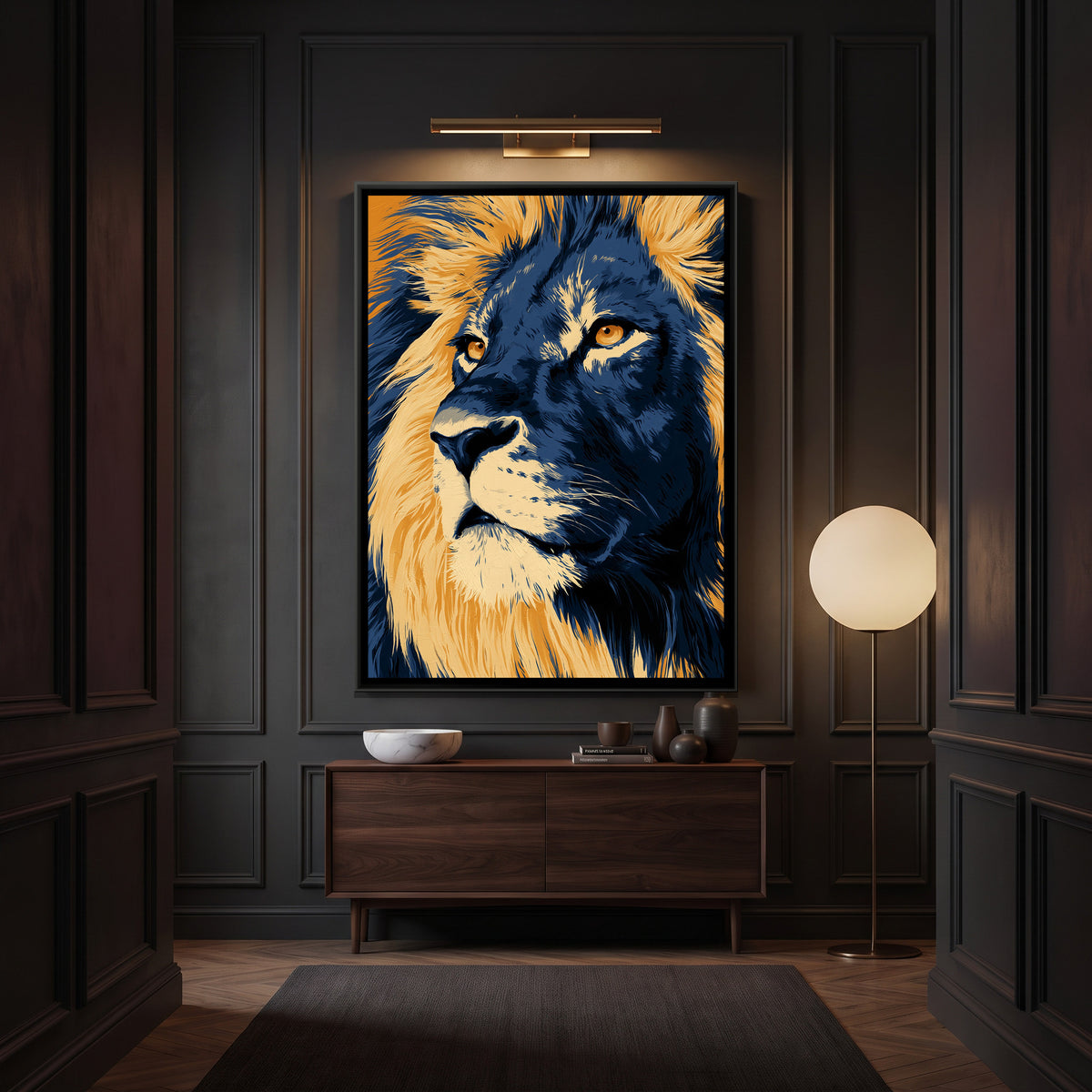 Lion Face — canvas art shown in a styled room