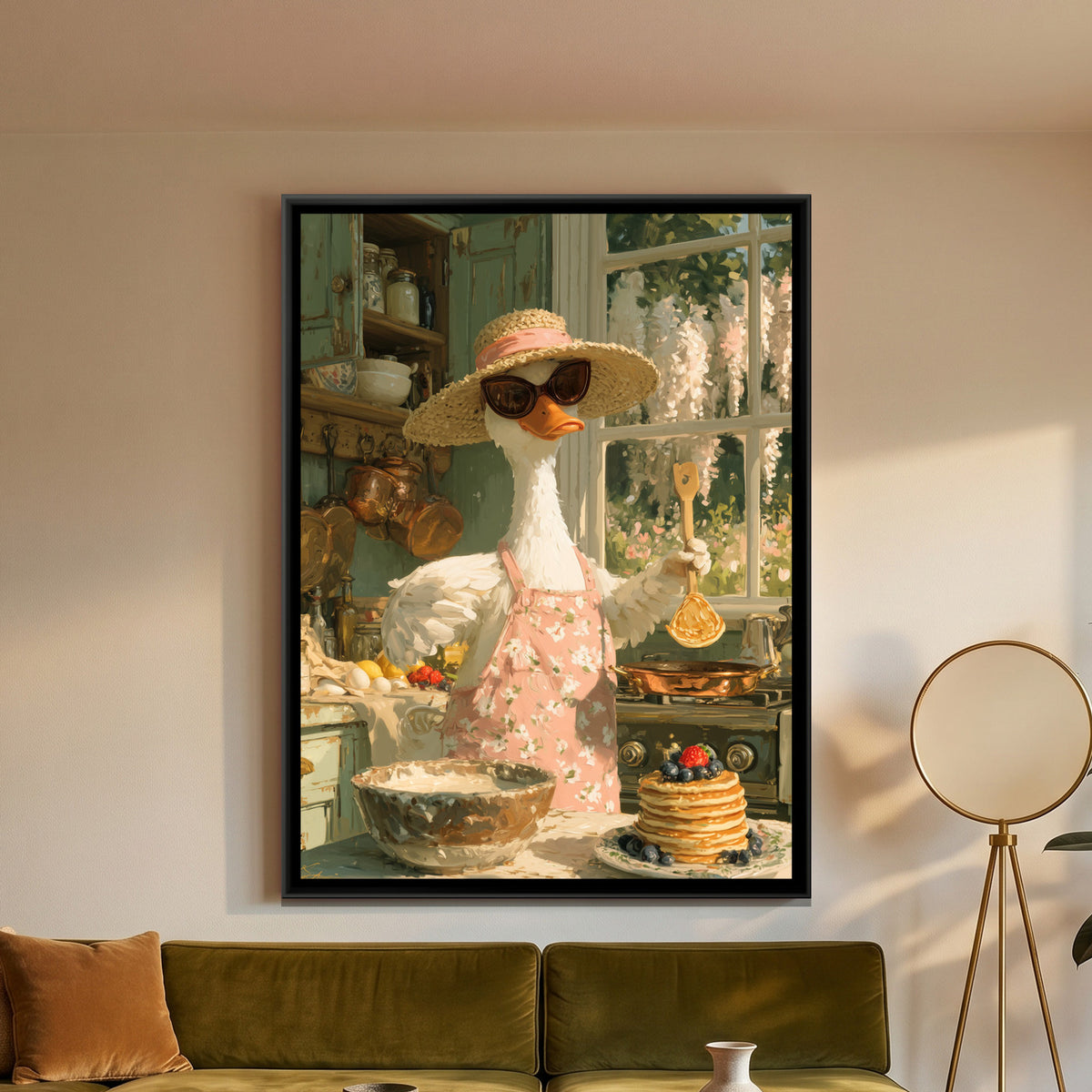 Duck Cooking Pancakes — framed canvas art hung on a wall
