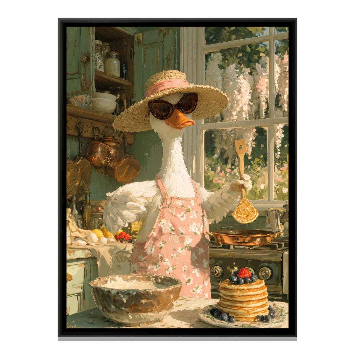 Duck Cooking Pancakes — framed canvas print, front view