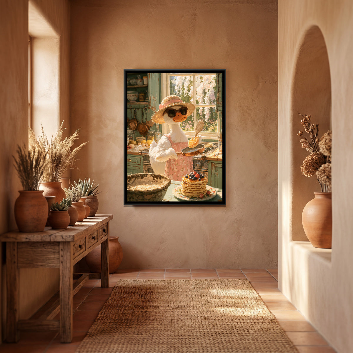 Duck Cooking Pancakes — canvas art shown in a styled room
