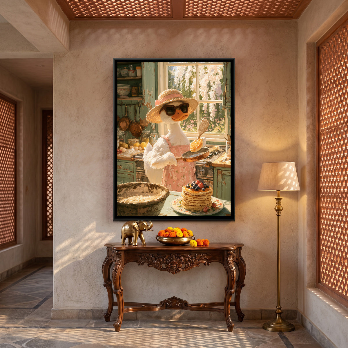 Duck Cooking Pancakes — canvas art shown in a second room setting