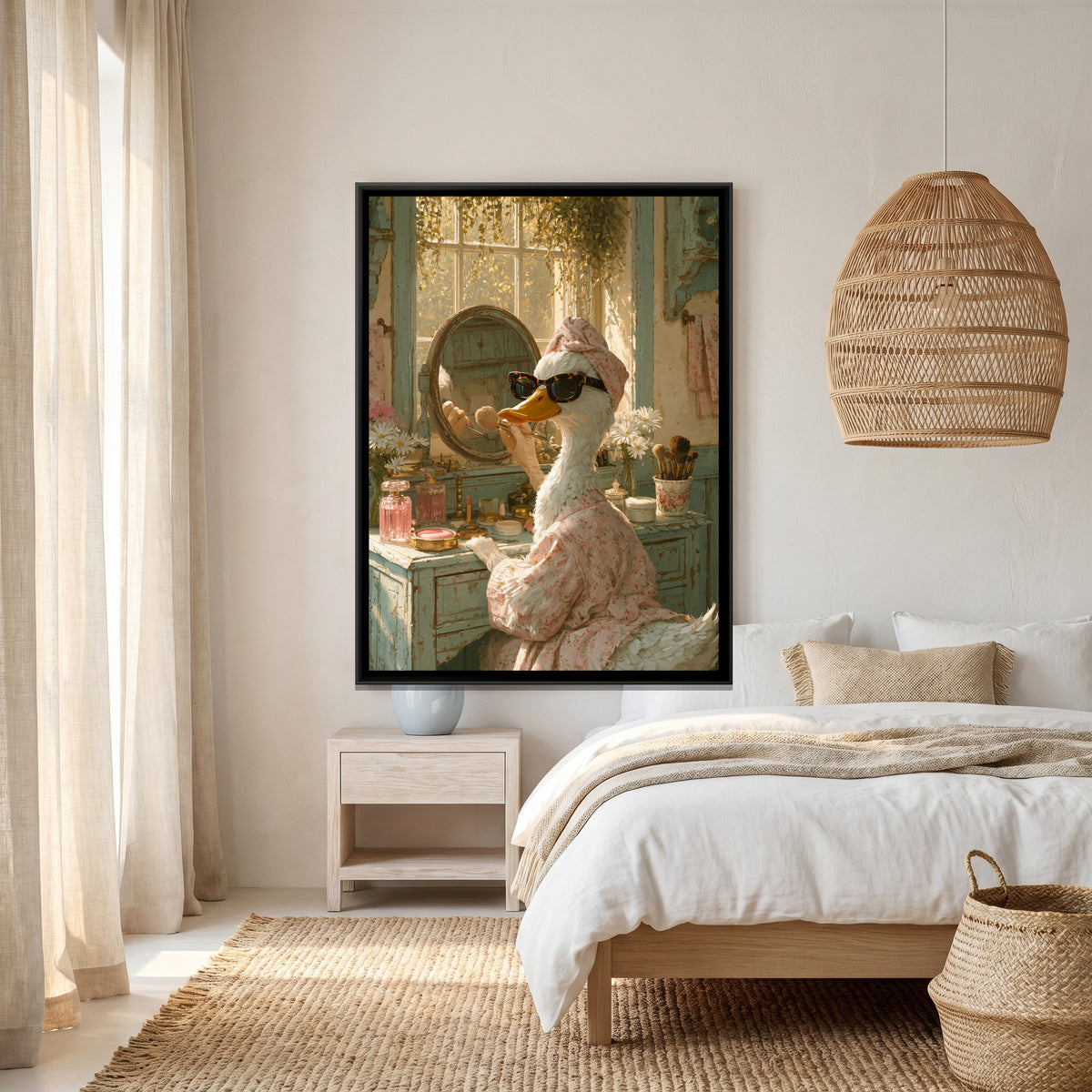 Duck at the Vanity — canvas art shown in a styled room