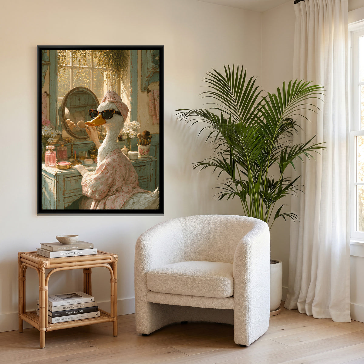 Duck at the Vanity — canvas art shown in a second room setting