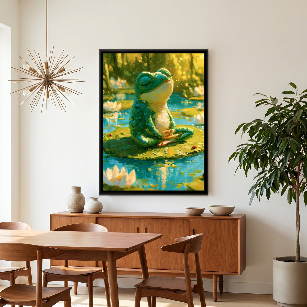 Yoga Frog — canvas art shown in a styled room
