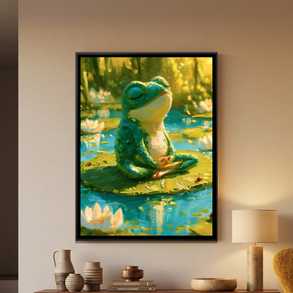 Yoga Frog — framed canvas art hung on a wall
