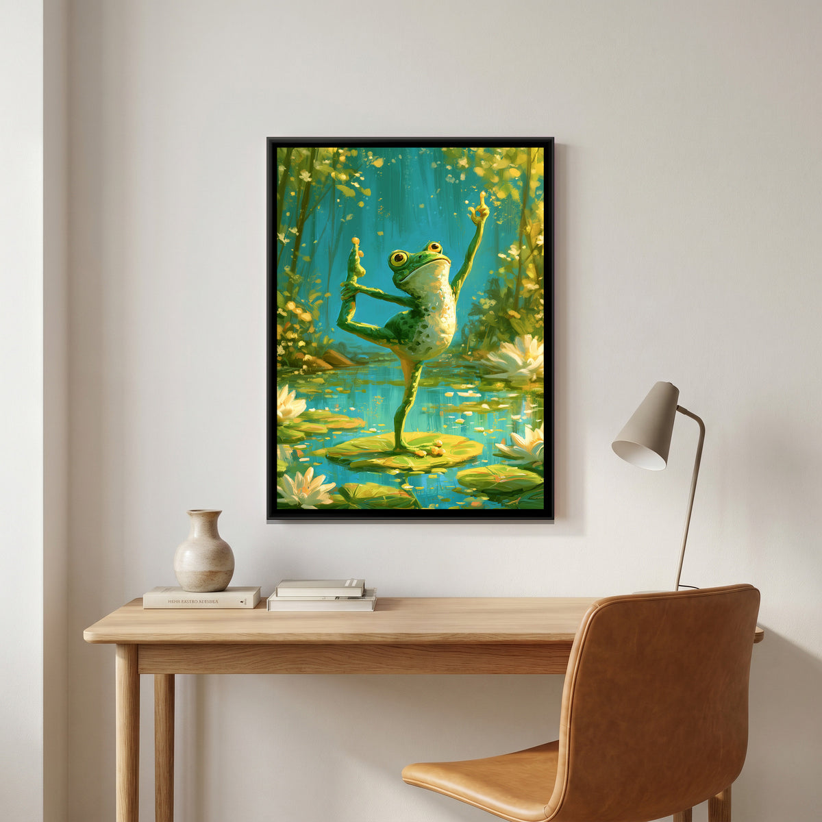 Yoga Frog — canvas art shown in a styled room