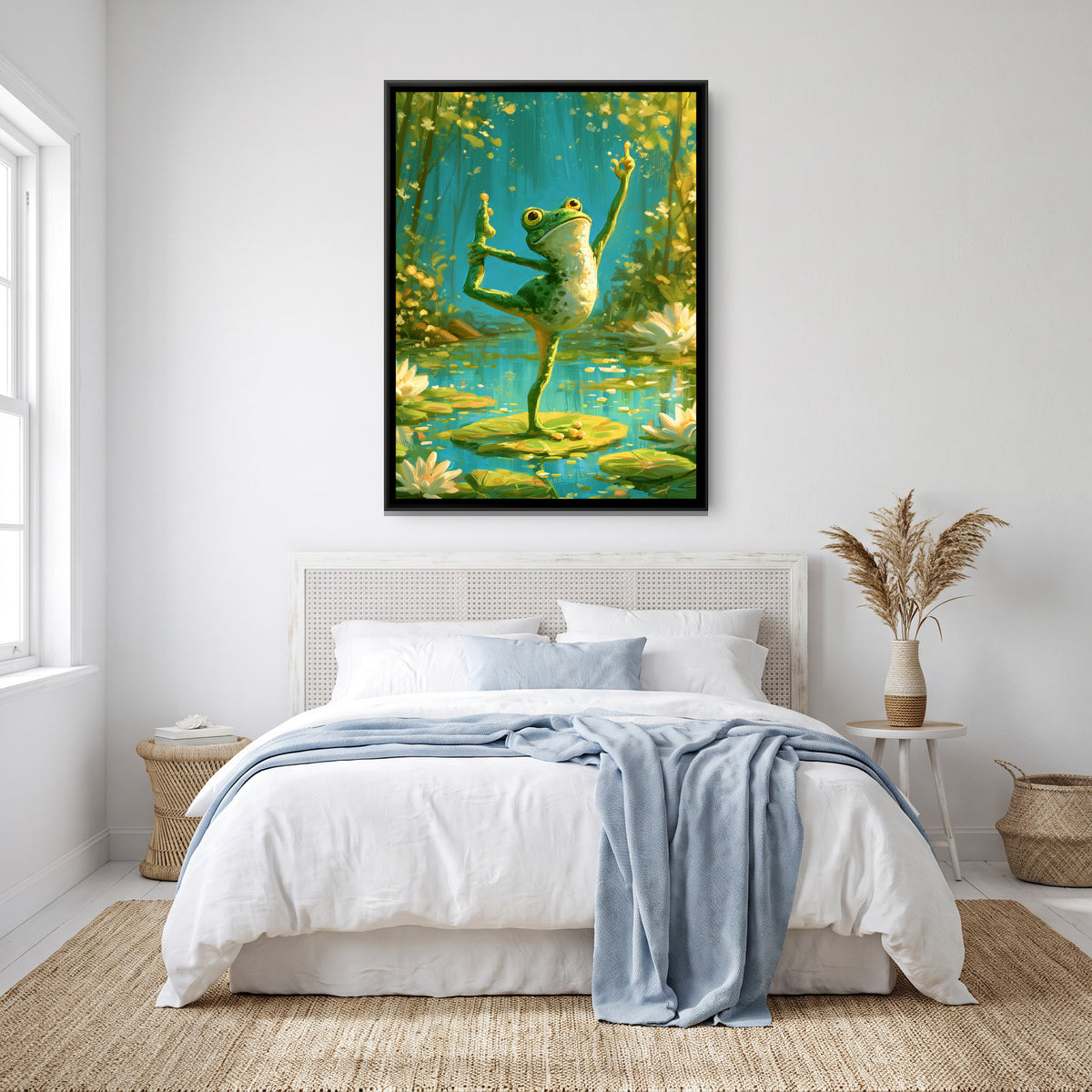 Yoga Frog — canvas art shown in a second room setting