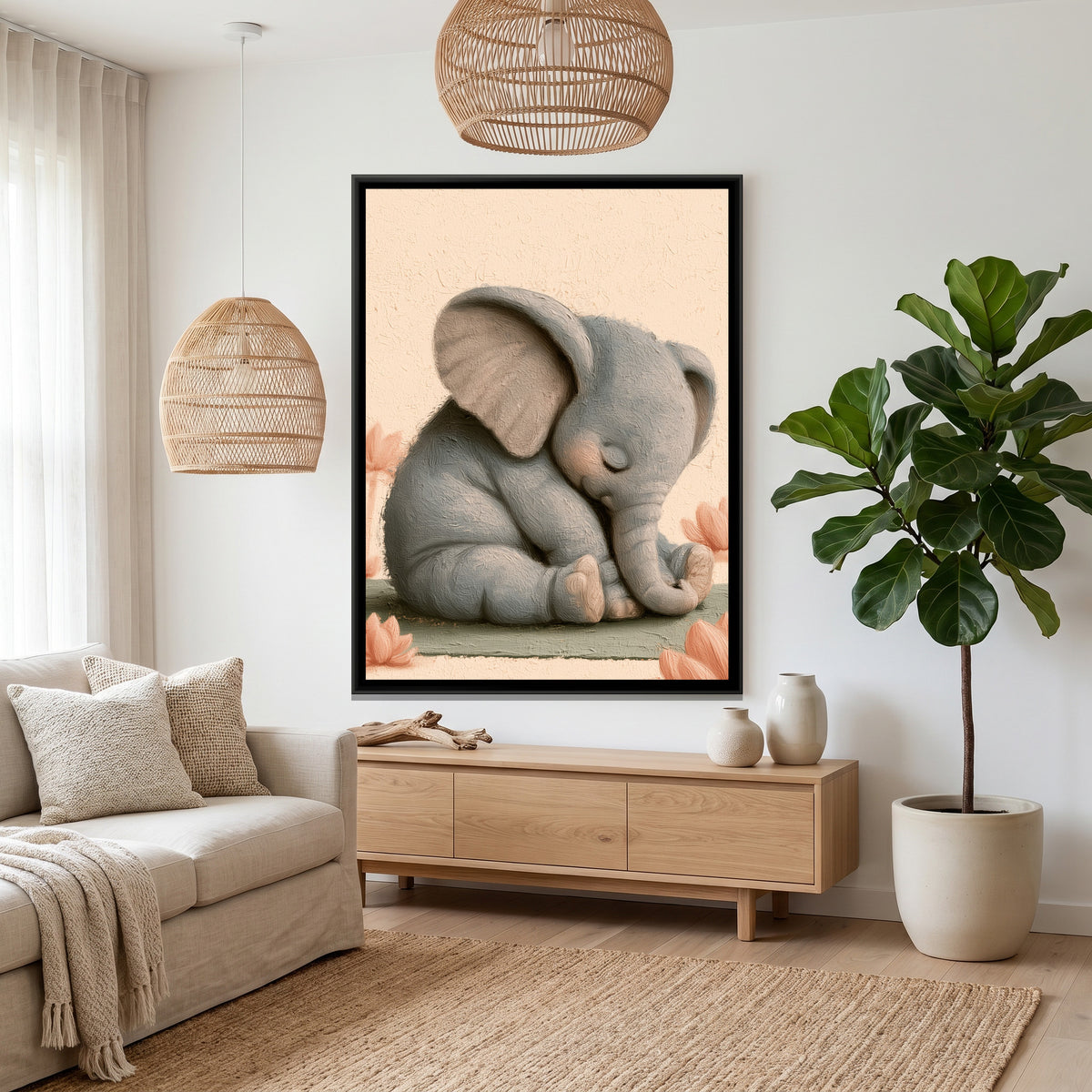 Yoga Elephant — canvas art shown in a second room setting