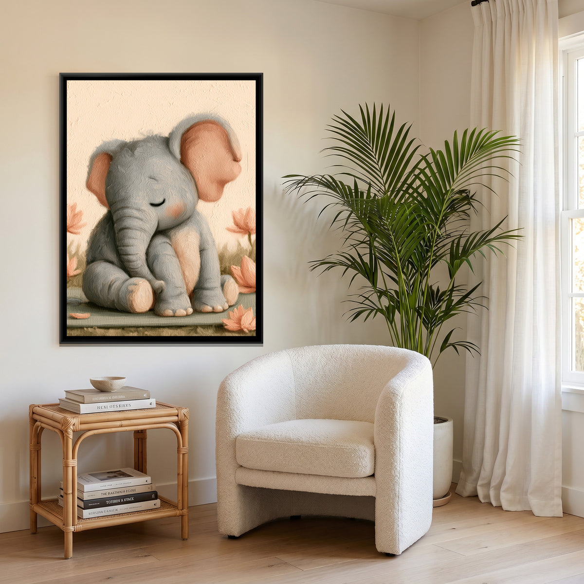 Yoga Elephant — canvas art shown in a second room setting