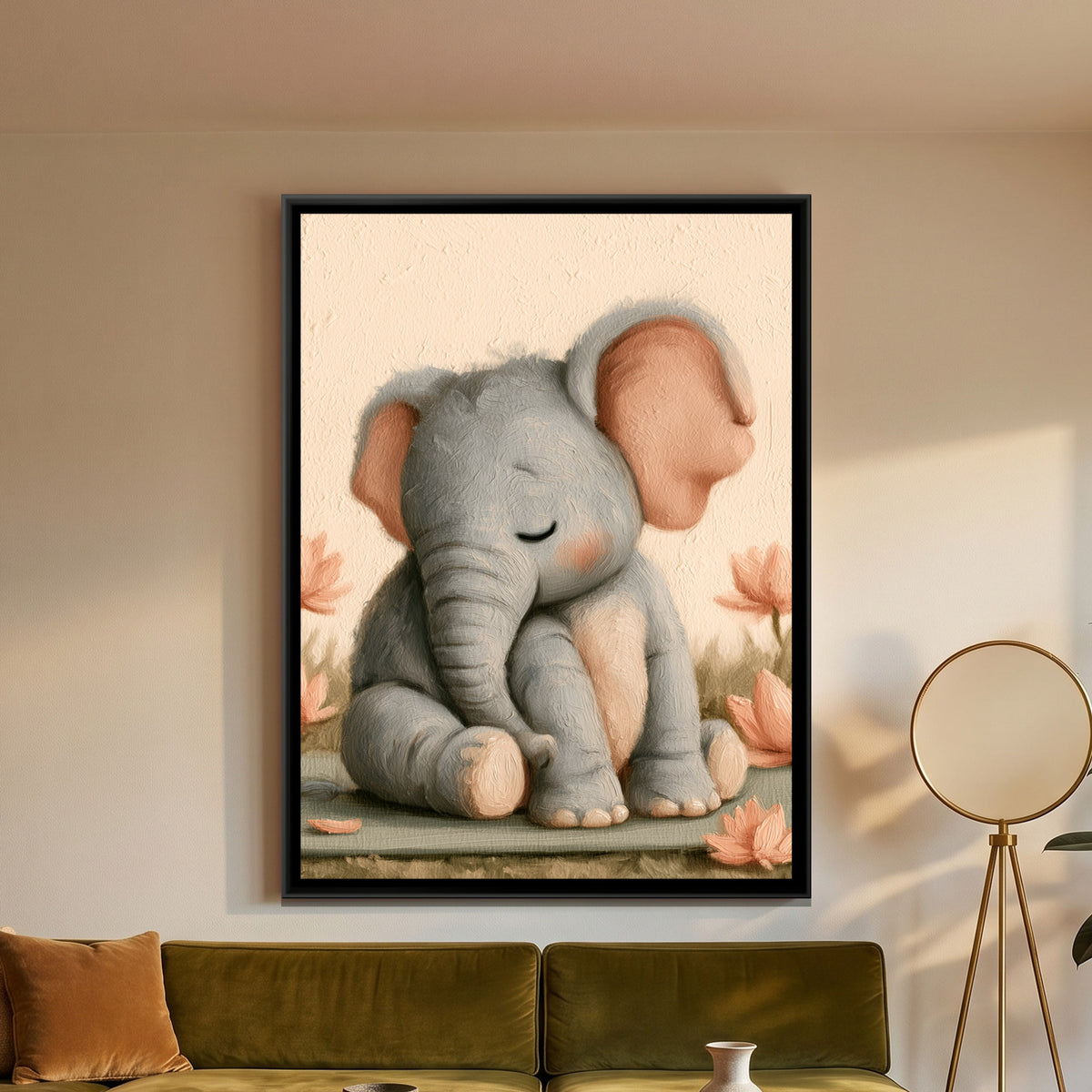 Yoga Elephant — framed canvas art hung on a wall