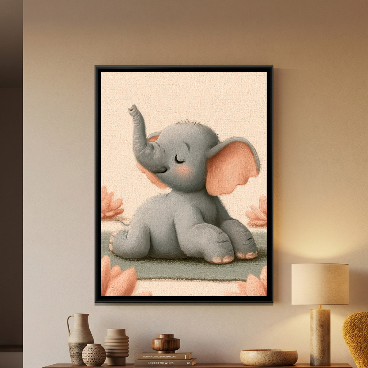 Yoga Elephant — framed canvas art hung on a wall