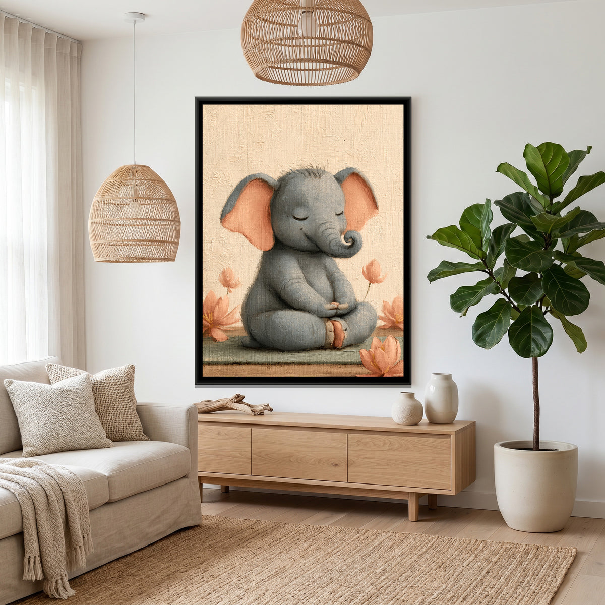 Yoga Elephant — canvas art shown in a second room setting