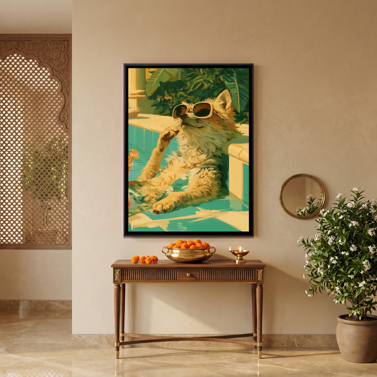 Poolside Cat — canvas art shown in a styled room