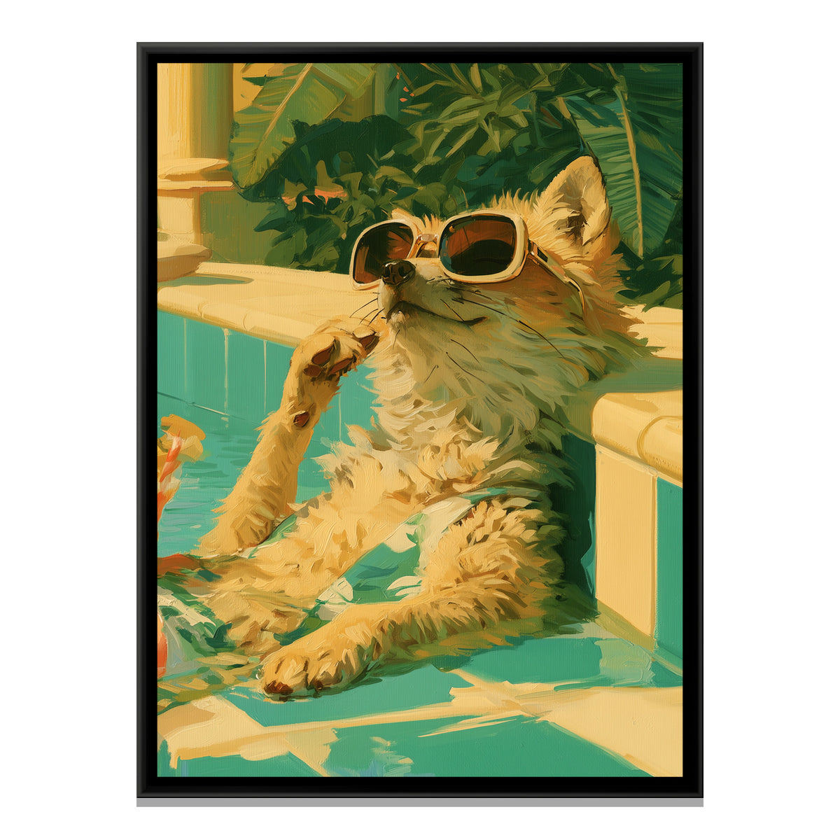 Poolside Cat — framed canvas print, front view