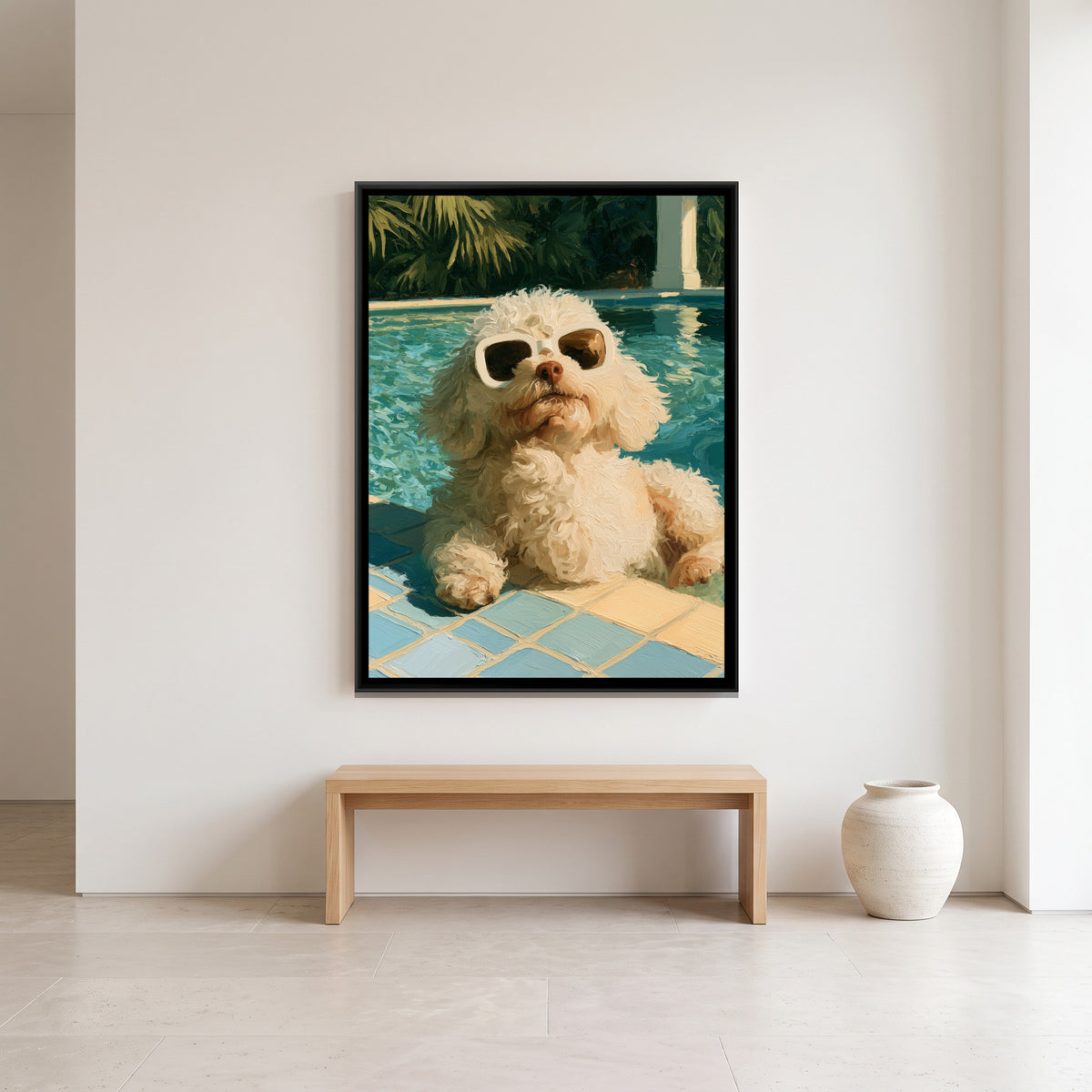 Poodle in Sunglasses — canvas art shown in a styled room