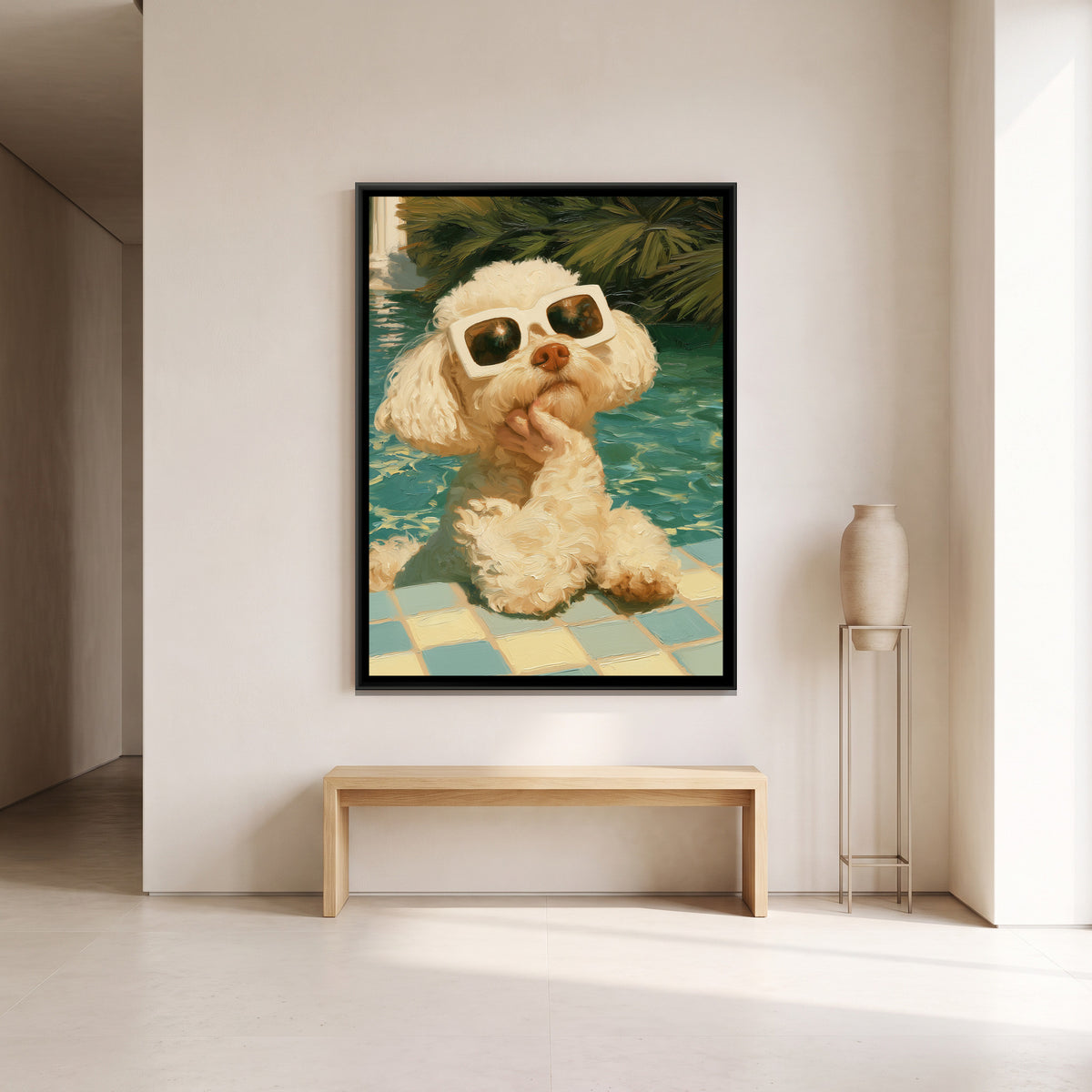 Poodle in Sunglasses — canvas art shown in a styled room