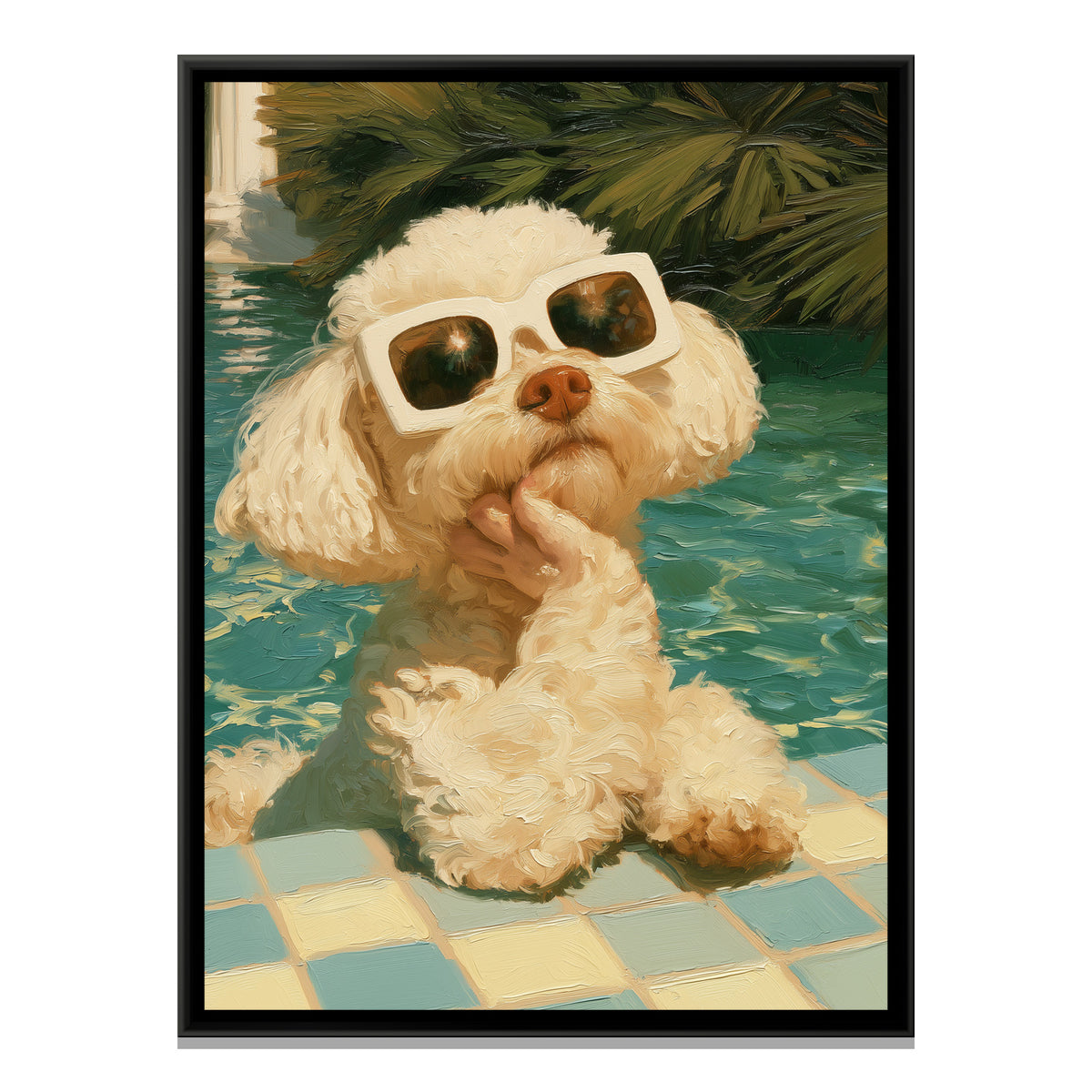 Poodle in Sunglasses — framed canvas print, front view