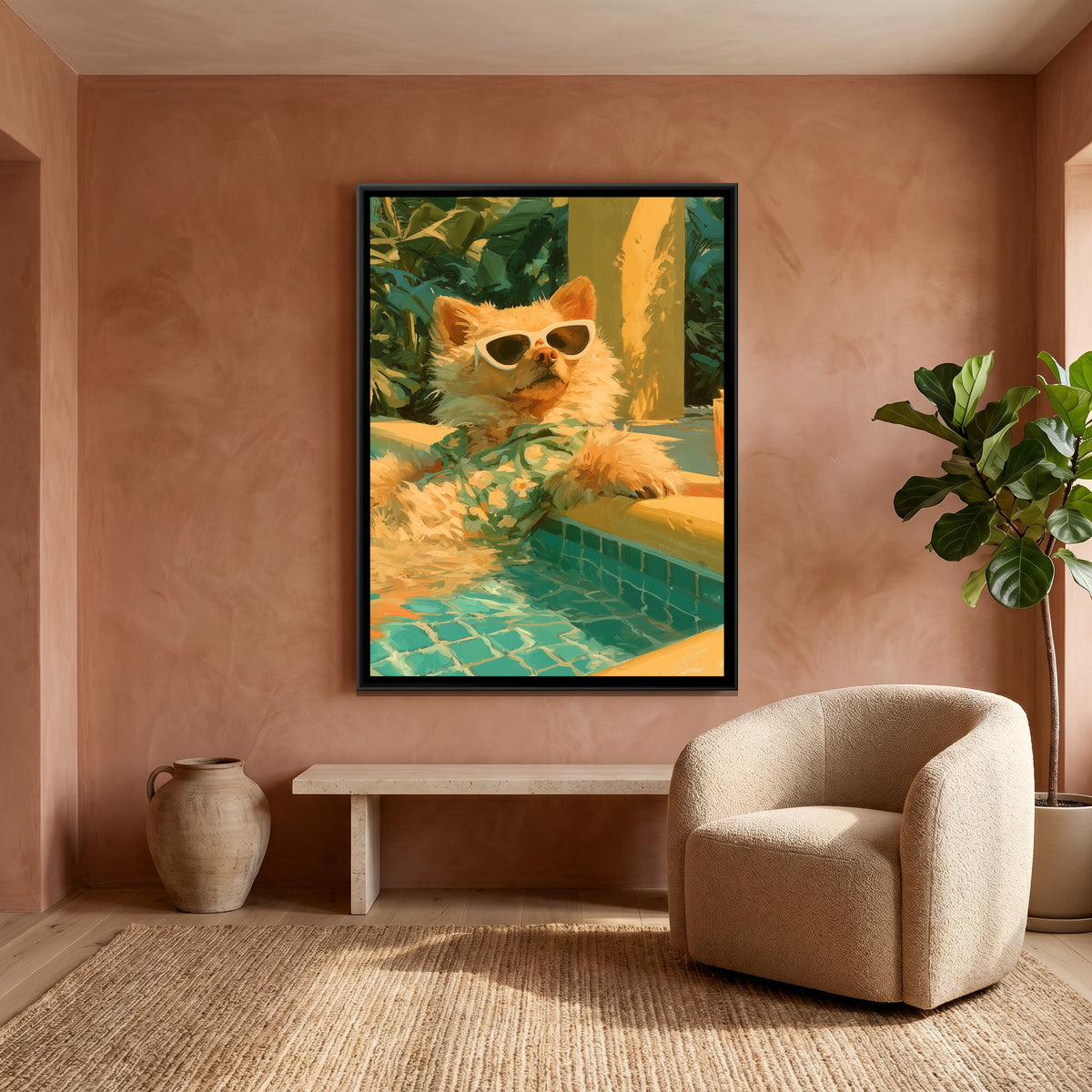 Dog in Sunglasses — canvas art shown in a second room setting