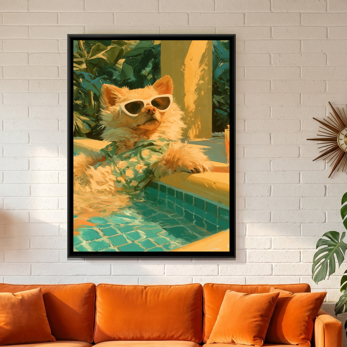 Dog in Sunglasses — framed canvas art hung on a wall