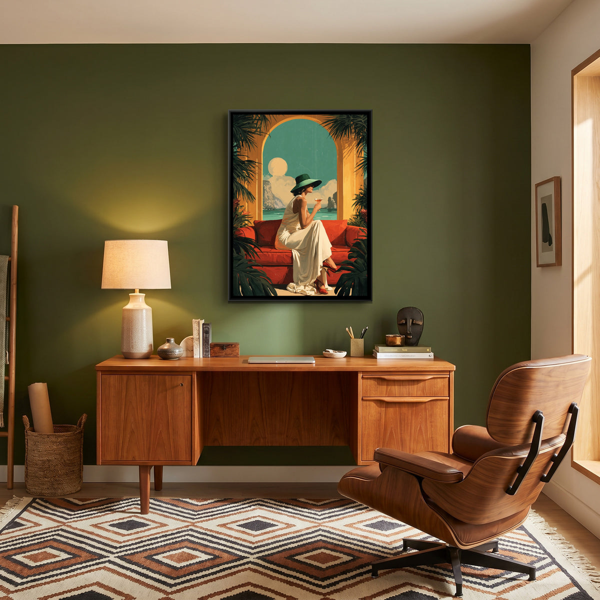 Retro Woman with Cocktail — canvas art shown in a styled room